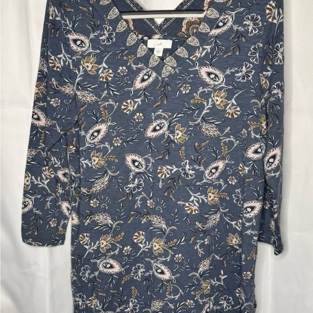 J Jill Blue Floral 3/4 Sleeve V-Neck Top Sz XS